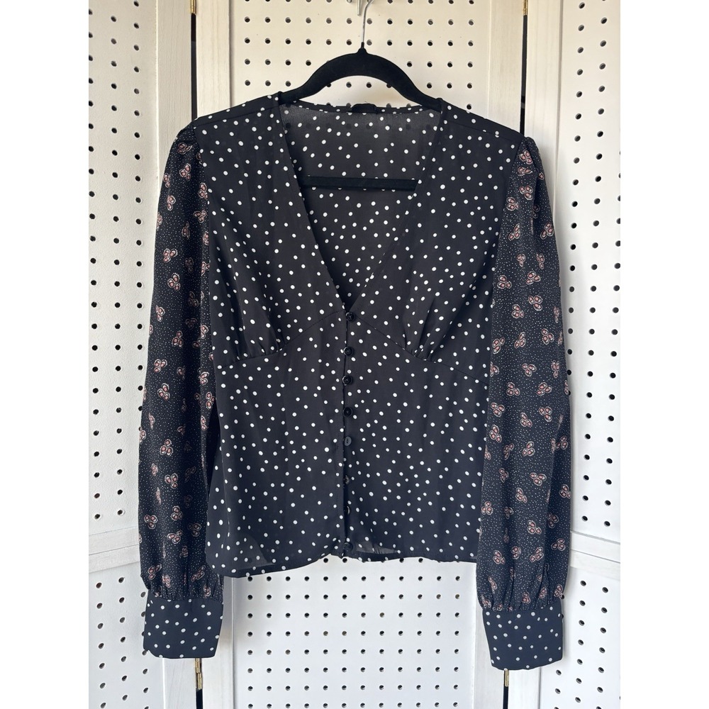 Lucca Long SLV Blouse V-Neck Polka Dot Button Down Unsized Sm/Medium Women's‎